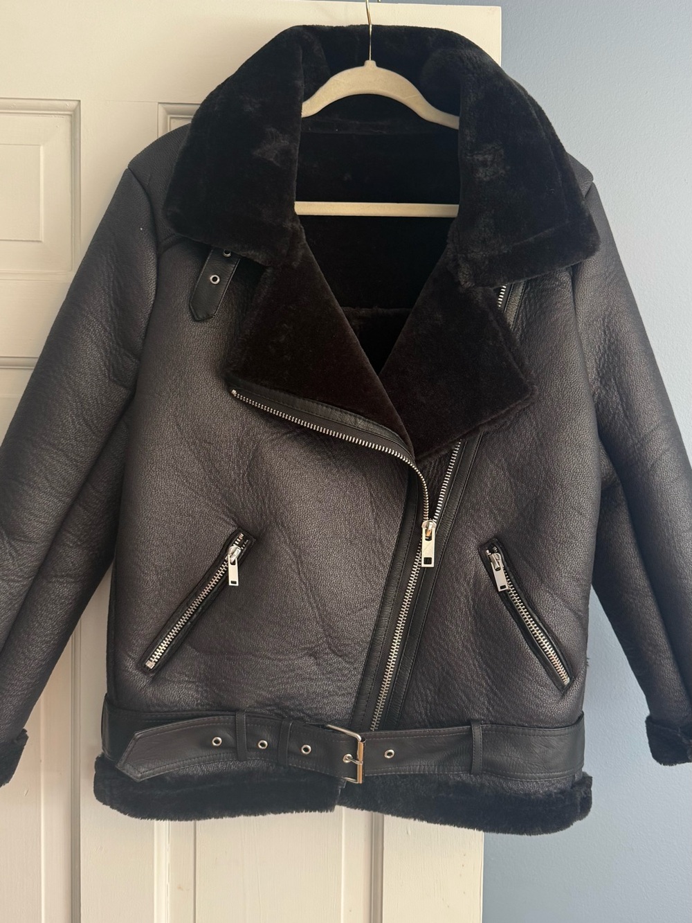 Zara Women’s S Black Faux Shearling Double Faced Leather Jacket Oversized